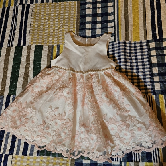 Elegant Cream Kids Lace, Satin, & Pearl Dress - Picture 2 of 4
